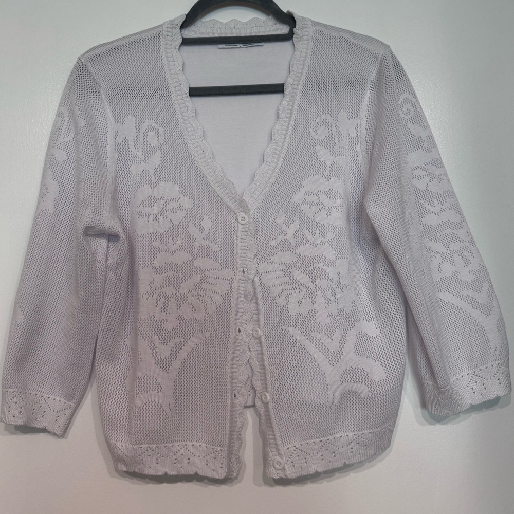 White Floral Openwork V-Neck Cardigan Sweater